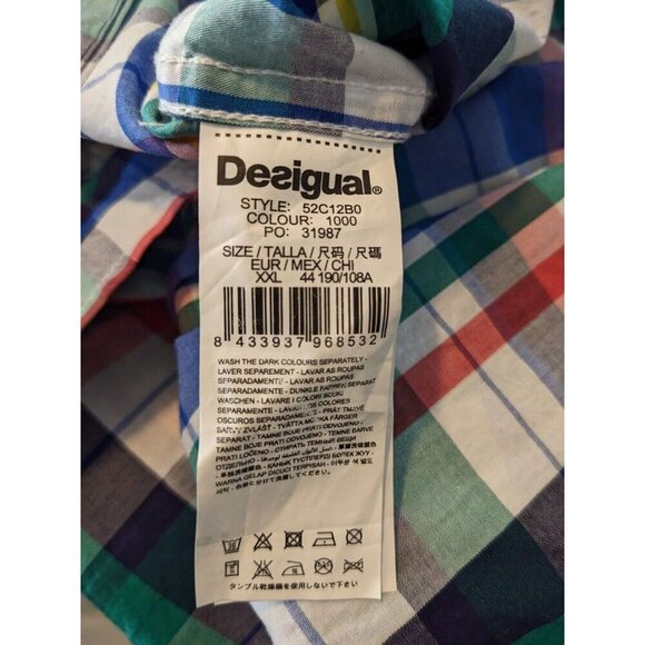 Desigual Art To Wear Button Up Shirt Mens XXL Blue Plaid Cotton Short Sleeve - Picture 9 of 11